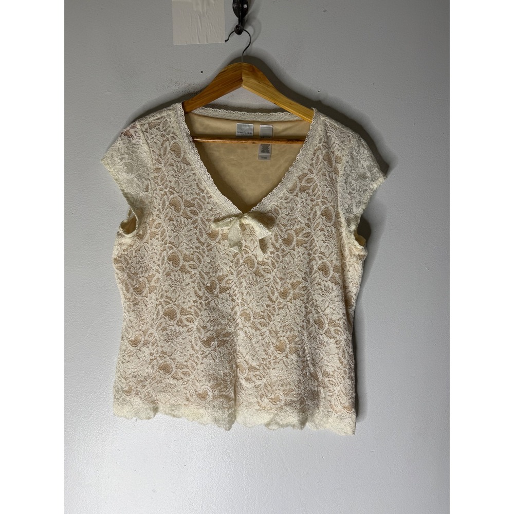 Emma James cream lace v neck short sleeve top beige lining‎ tie size xL